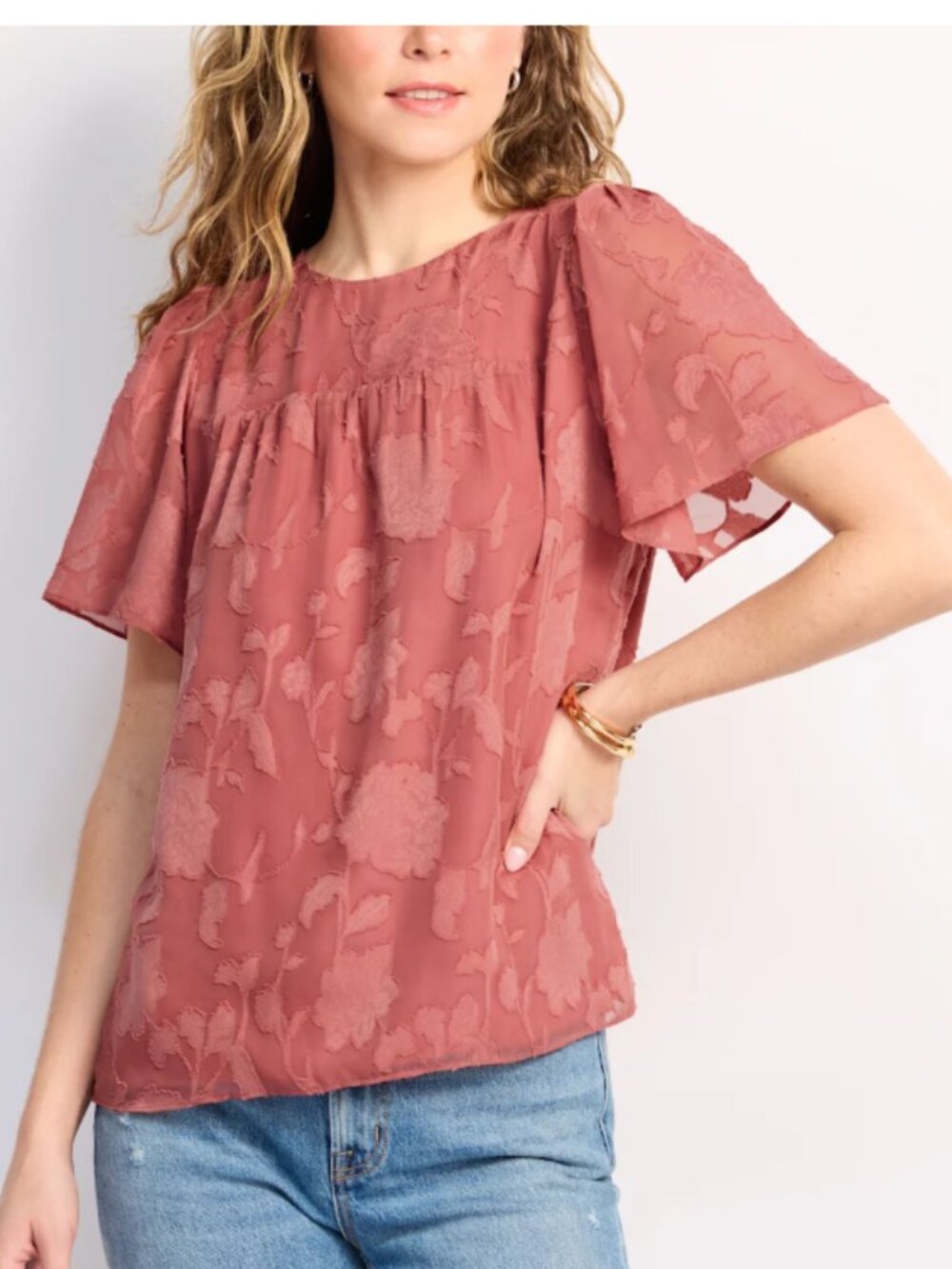 Daniel Rainn Mauve-Pink Floral Embroidered Short Sleeve Blouse